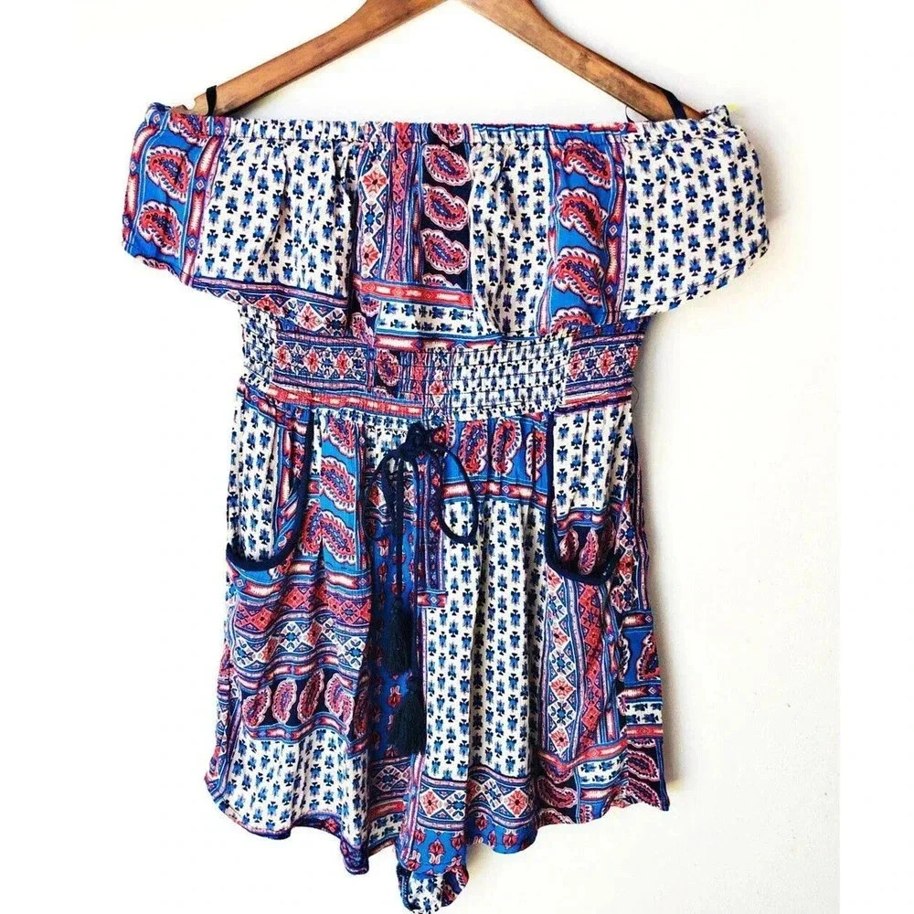 Band‎ Of Gypsies Romper Blue/Red Floral Aztec Strapless Boho Print SZ M